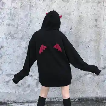

2020 Spring Fall Women Sweatshirts High Street Harajuku Cute Hoodies Punk Gothic Devil Horn Chic Hooded Pullover Loose Sweat