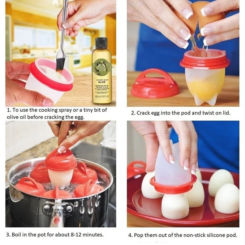 3-6 pcs Egg Cooker Flexible Silicone Non-Stick Kitchen Cooking Boiled Eggs  Poachers Separator Steamer Egg Mold Cup Accessories