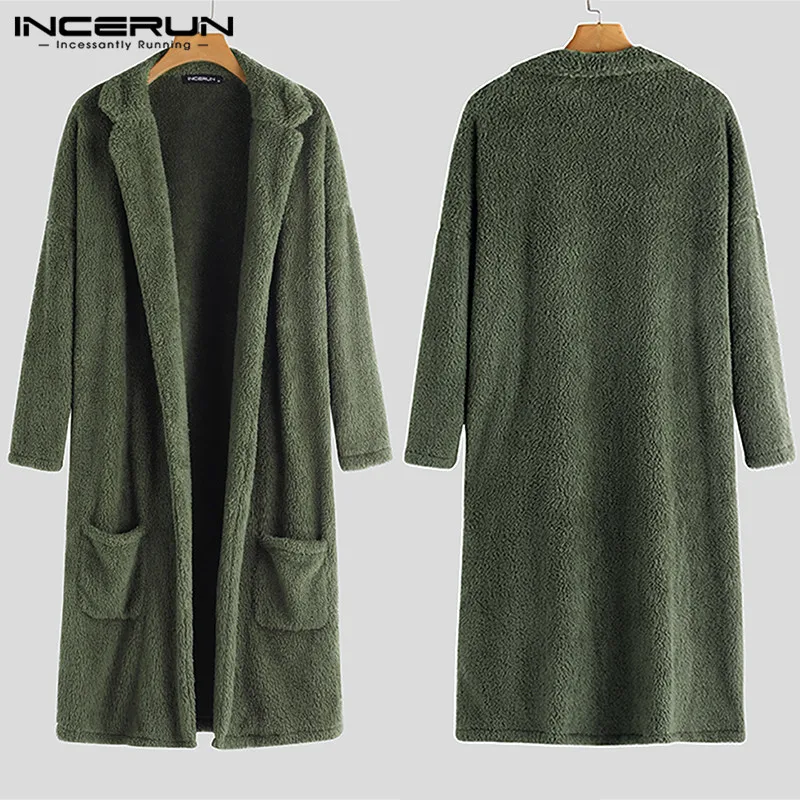 INCERUN/зимний модный мужской Тренч, пальто, однотонная верхняя одежда из искусственного флиса, уличная одежда с длинным рукавом, Пушистый кардиган, куртки, пальто