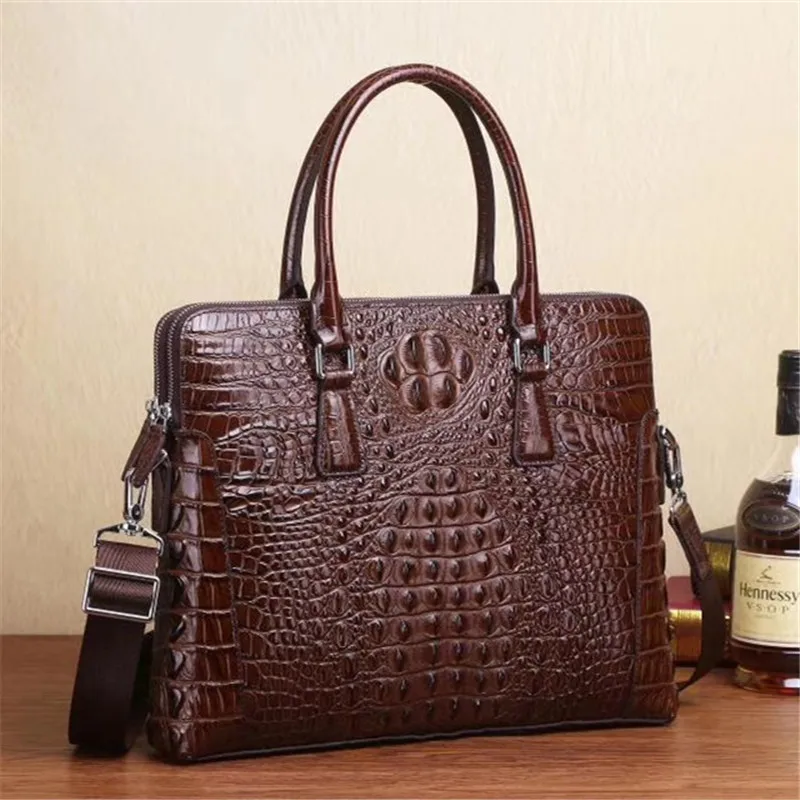 

Leather men's bag handbag horizontal double pull briefcase business crocodile-print man cowhide computer bag shoulder bag