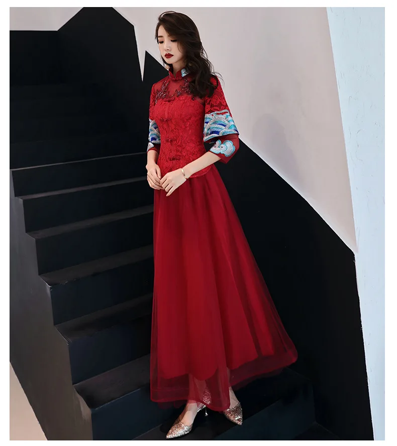 Chinese Style Bride Wine Marriage Dress for Toast New Style Banquet Annual General Meeting Host Cheongsam Style Evening Dre