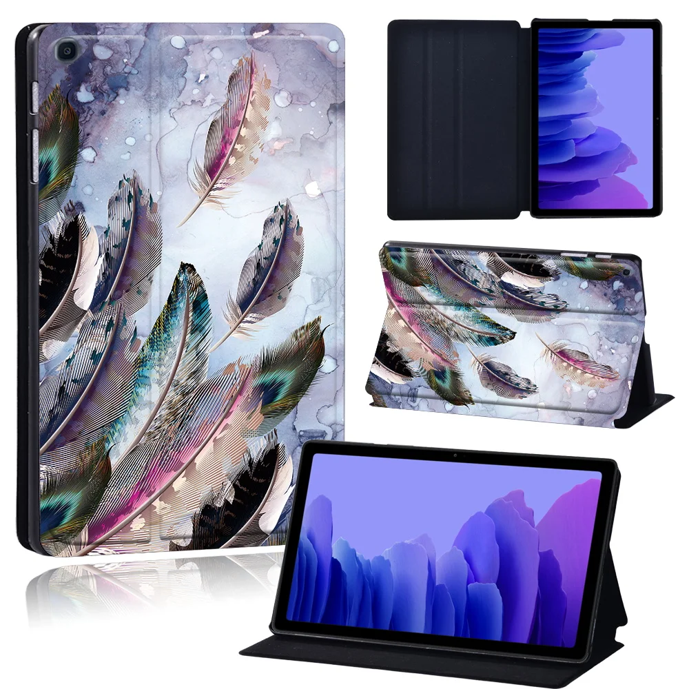 Tablets Case for Samsung Galaxy Tab A7 10.4 Inch 2020 T500/T505 Printed Feather PU Leather Tablet Stand folio Cover+ Free Stylus