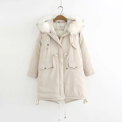 Beige Новое зимнее женское пальто размера плюс 2XL-4XL с меховым воротником и капюшоном, длинная хлопковая куртка, Женская парка, женская верхняя одежда - Цвет: Beige