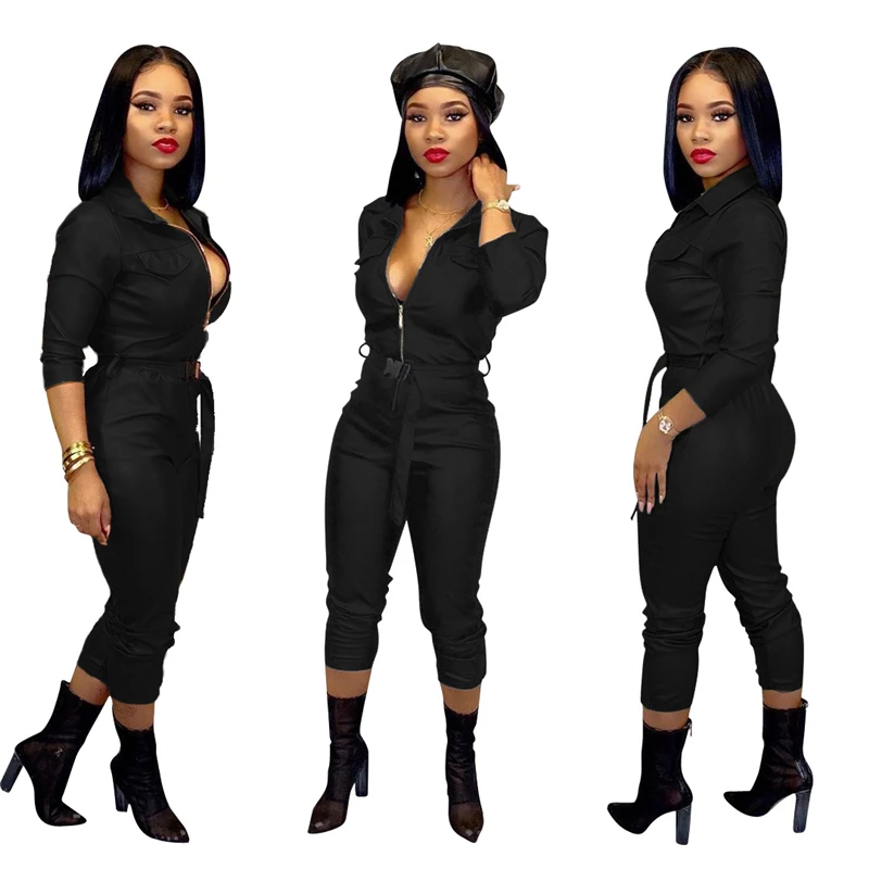 Adogirl Fashion Sexy Women PU Leather Jumpsuit Front Zipper Long Sleeve Skinny Romper with Adjustable Belt Female Club Overalls