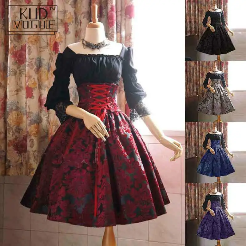 Ложные двухсекционные платья Лолита с высокой талией с длинным рукавом Кружева Викторианский готический черный красный серый женский костюм для Хэллоуина размера плюс 5xl