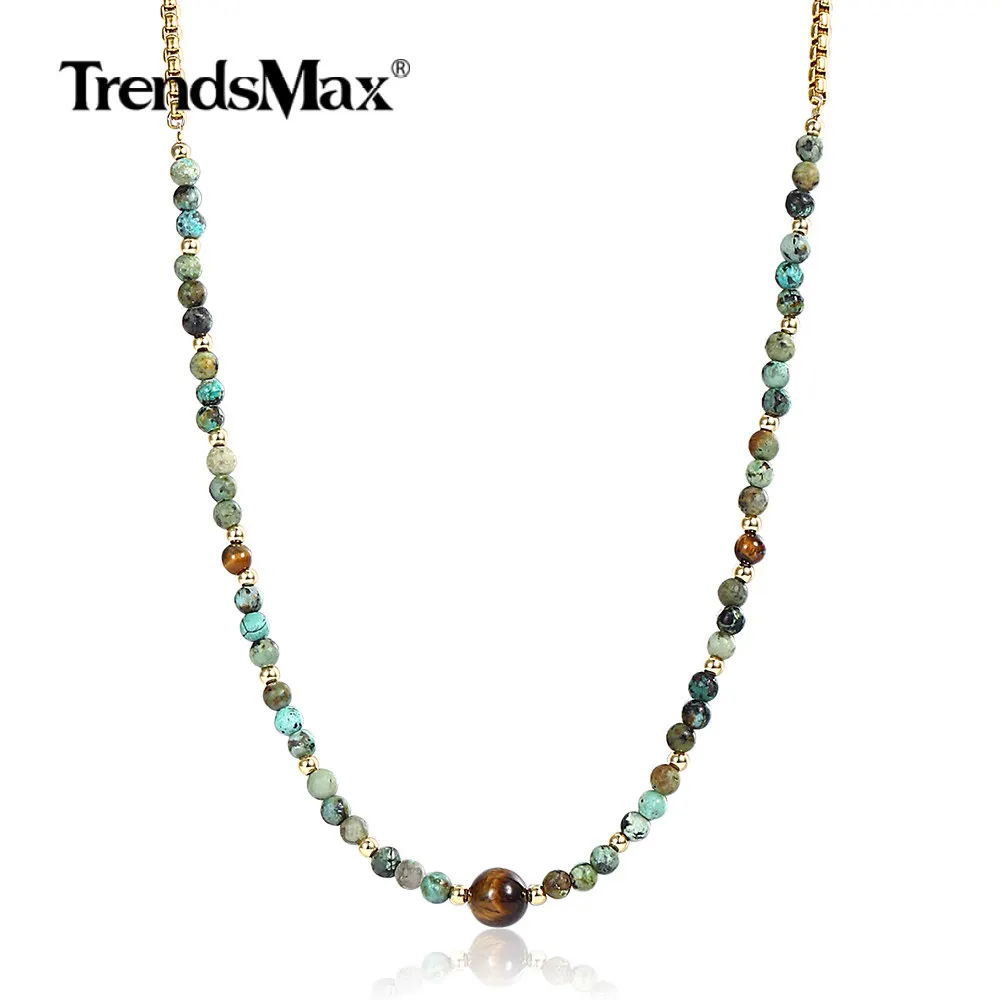 

4mm Long Natural Tiger Eye Beaded Box Link Chain For Women Girl Charm Stainless Steel Necklace Beads Yoga Jewelry DN123