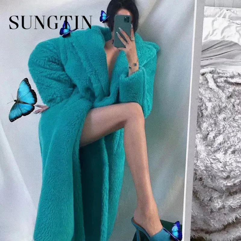 Sungtin Winter Long Lamb Wool Faux Fur Warm Coat Women Oversized Teddy Fleece Loose Jacket Coats 13 Color Thicken Plush Outwear | Женская