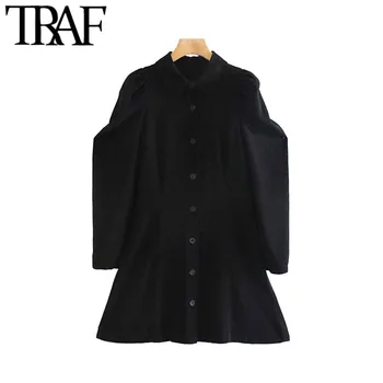 

TRAF Women Vintage Stylish Office Wear Black Mini Shirt Dress Fashion Lapel Collar Puff Sleeve Female Dresses Vestidos Mujer