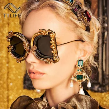

TTLIFE 2020 Irregular Geometric Vintage Baroque Sunglasses Women Flower Pattern Oversized Frame Gradient UV400 Party Eyeglass