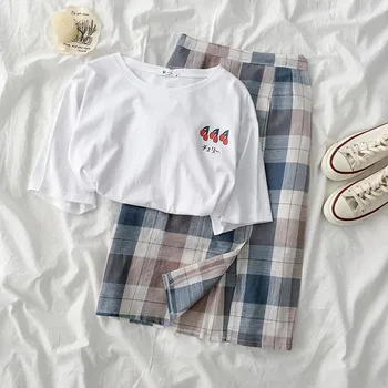 

Summer Sweet Skirt Set Women White Printing Short Sleeve T-shirt + High Waist Lattice A-line Skirt Matching Set Two Pieces Suit