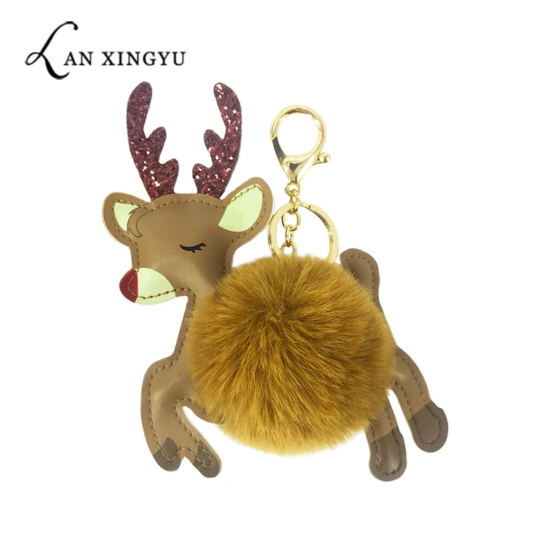 

Cute PU faux leather animal Christmas moose ball key chain pendant lady bag car pendant Christmas gift.