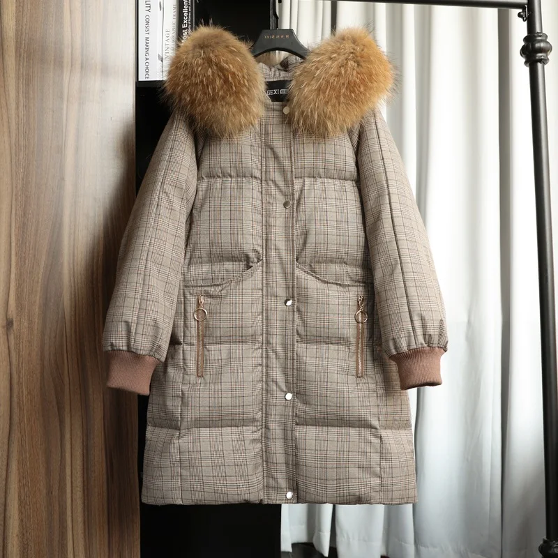 Faux Fur-Mid Length Натуральный мех с капюшоном плед пуховик женский 90% белый утиный пух винтажный ветрозащитный теплый толстый корейский длинный зимний пуховик пальто - Цвет: Faux Fur-Mid Length
