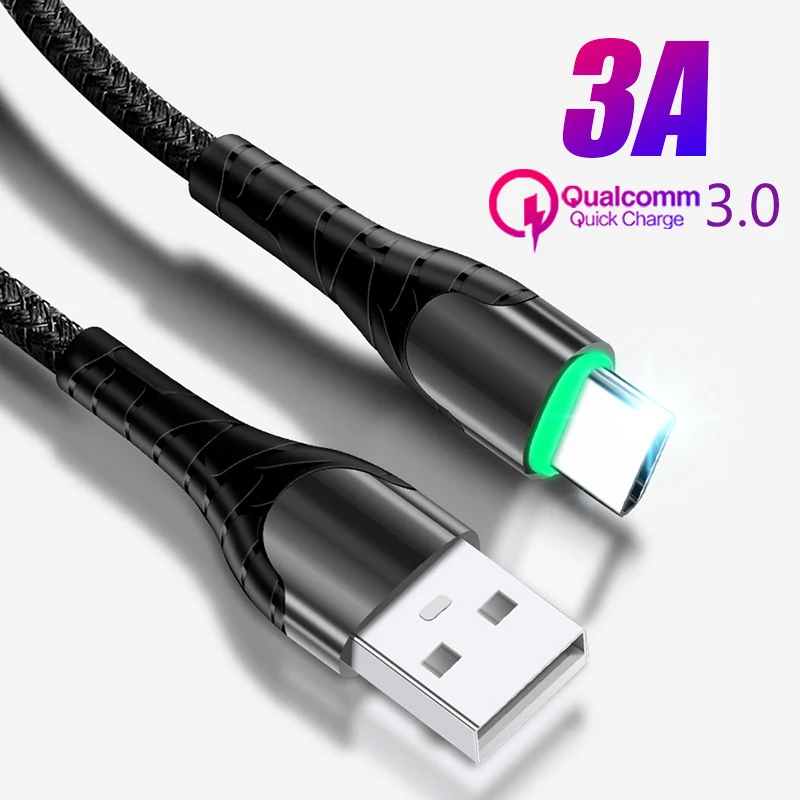 3A светодиодный кабель usb type-C для быстрой зарядки, USB-C светильник, провод для samsung Xiaomi huawei P30, шнур зарядного устройства для мобильных смартфонов USBC