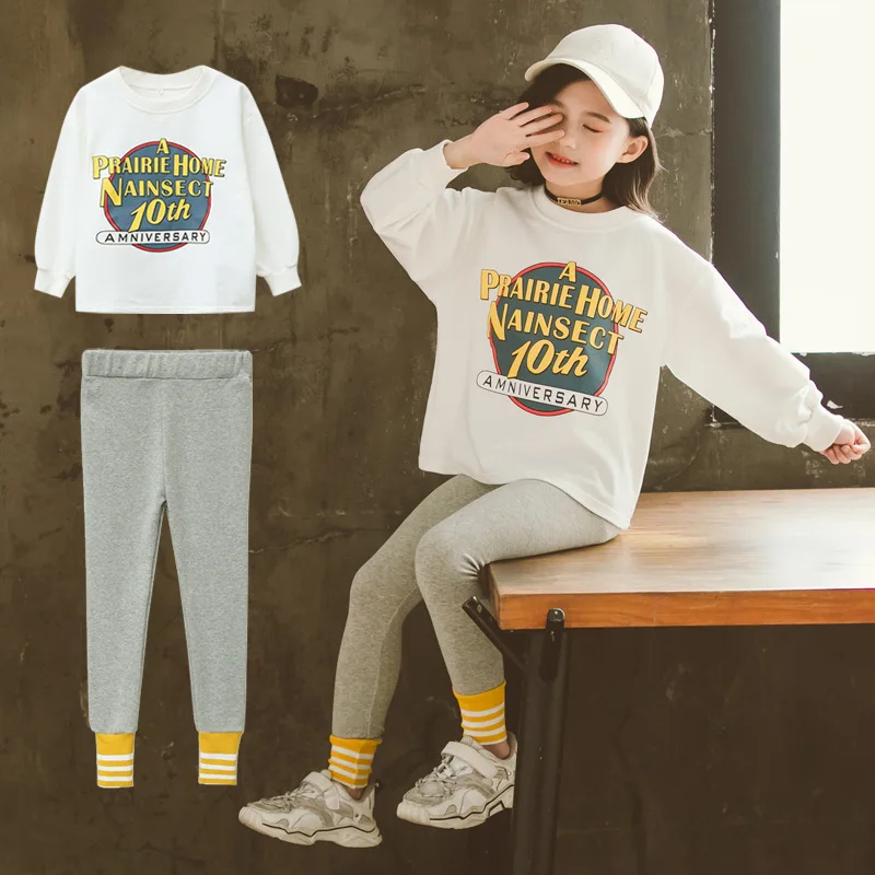

2020 Korean-style Spring And Autumn New Style Big Virgin Girls Lettered Solid Color Leggings CHILDREN'S Suit Little Girl Western