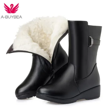 

Fashion Women Snow Boots Wedges Thick Wool Winter Warm Women Boots Genuine Leather Rhinestone Women Fur Mid-Calf Boots