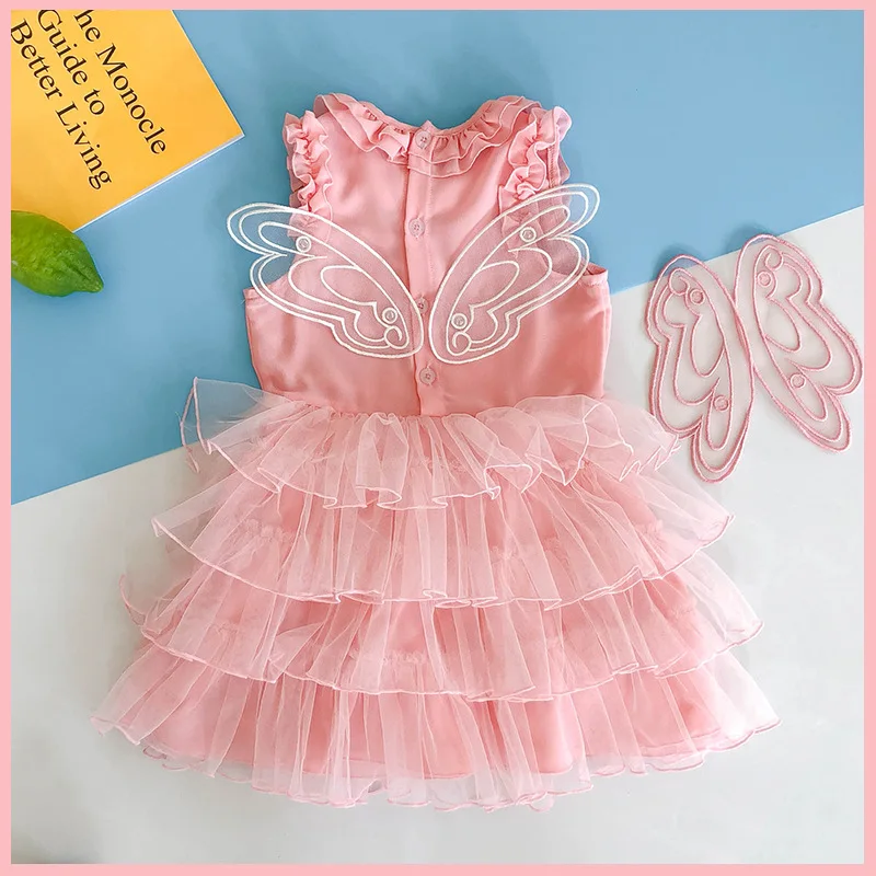 

2020 Children Summer Dress Baby Kids Pink Chiffon Mesh Cake Dresses With Wings Girls Party Princess Dress Children Clothes