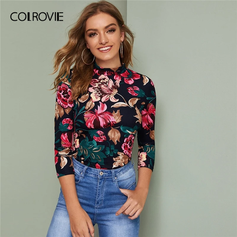 

COLROVIE Mock-neck Floral Print Fitted Top Women 2019 Fall Elegant Slim Fit Tees Multicolor Long Sleeve Pullover Tops
