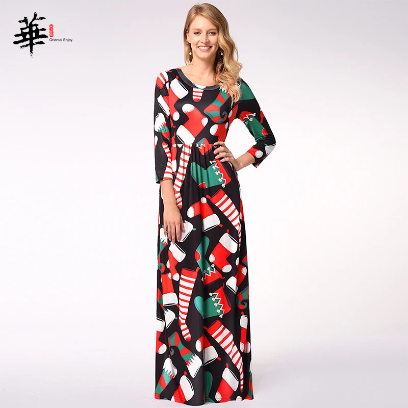 

Women Christmas Print Long Dress 2019 Autumn Winter Festival Family Party Maxi Dresses For Female Clothes