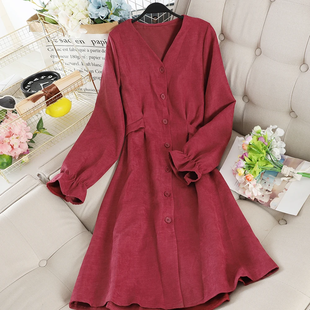 SINGRAIN, Женское зимнее вельветовое платье средней длины, одноцветное платье с v-образным вырезом, длинные расклешенные рукава, вечерние платья в Корейском стиле, осеннее платье трапециевидной формы - Цвет: wine red