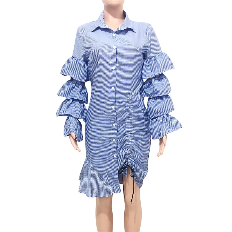 Adogirl/Полосатое платье-рубашка с длинными рукавами и многослойной оборкой, с отложным воротником, с вырезами, со шнуровкой, миди, вечерние платья для клуба