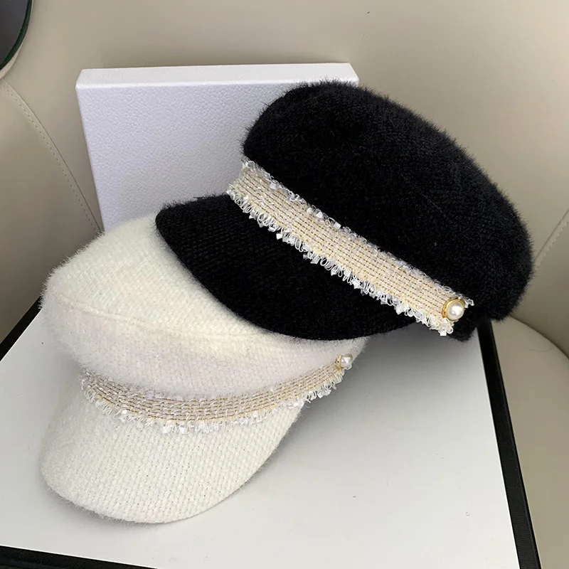 New autumn/winter 2021 plush flat navy hat fashion girl warm multi-functional pearl cap lace octagonal beret | Аксессуары для