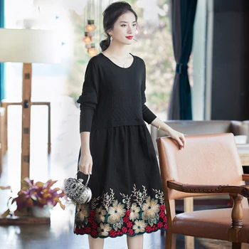 

Plus Size Dress Autumn Winter 2019 Women Vintage Flower embroidery Long sleeve O Neck Loose Bottoming Dress Female