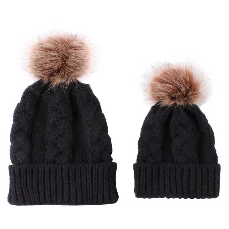 Black C0678 2 шт./компл. зимние Семья подходящие для мамы, папы, сына и дочки, раздел-для маленьких мальчиков девочки; Дети вязаная шапка для взрослых и детей Шапки Женские «Mommy and me» Шапки от 0 до 3 лет C0678 - Цвет: Black C0678
