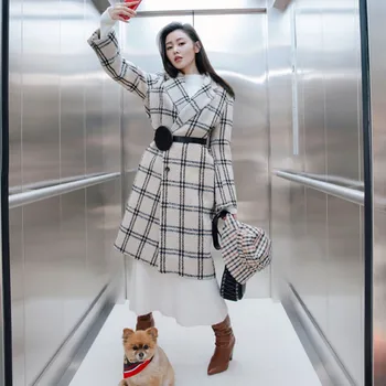 

Women's Plaid Long Wool Coat Single Breasted Turn-down Collar Straight Long Sleeve Temperament Casual Jacket Autumn Winter