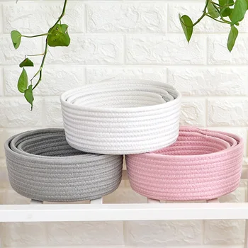 

Household Round Hand-woven Storage Basket Portable Unique Cotton Thread Solid Storage Basket Desktop Snack Sundries Key Cosmetic