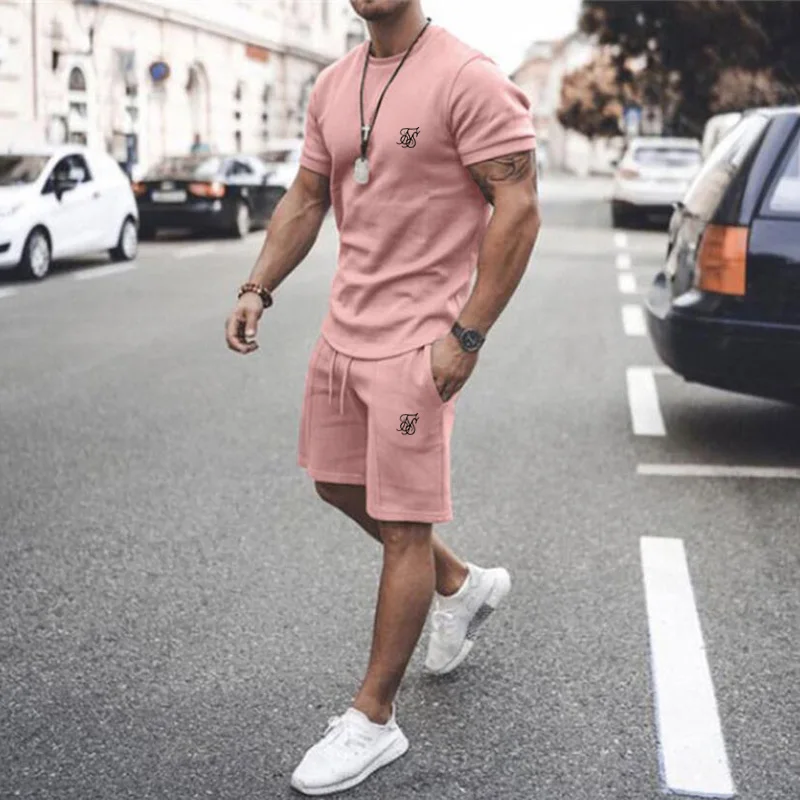 2021 Summer New Sik Silk Printing Trend Men's Street Fashion Casual Slim Shorts Set Cotton Short Sleeve T-Shirt 2-Piece Sets 2021 new men‘s sets short sleeve hawaiian shirt shorts summer printing casual shirt beach two piece suit new fashion clothing