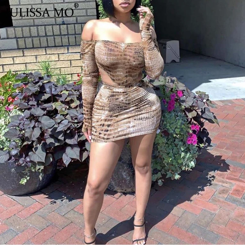 

JULISSA MO Crocodile Print Sexy Bodycon Dress Two Piece Set Sexy Off Shoulder Body And Skirts Suits Women Fashion Party Outfits