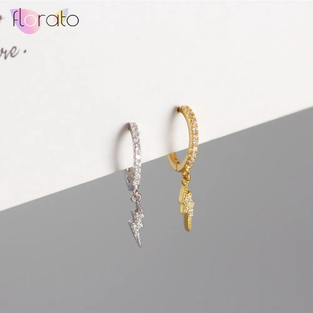 Pendientes de plata de ley 925 para mujer oro pendientes de relámpago pequeño aro hueso del oído Aretes regalo Spike pendientes circón Q30