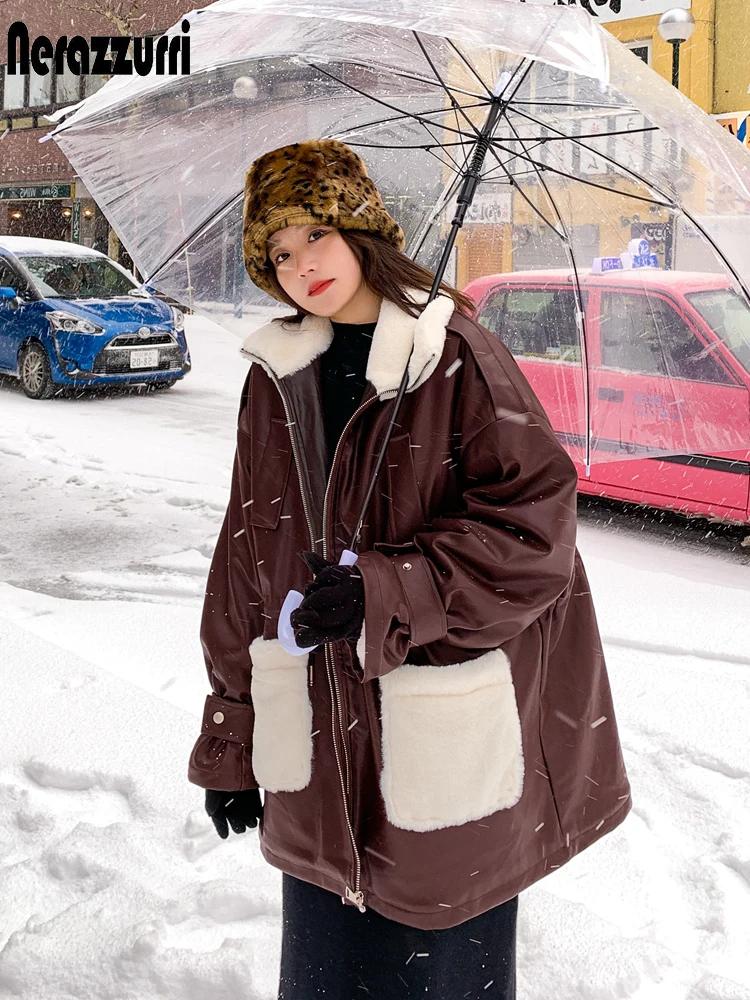 Nerazzurri Zip Up Oversized Black Warm Thick Leather Jacket Women