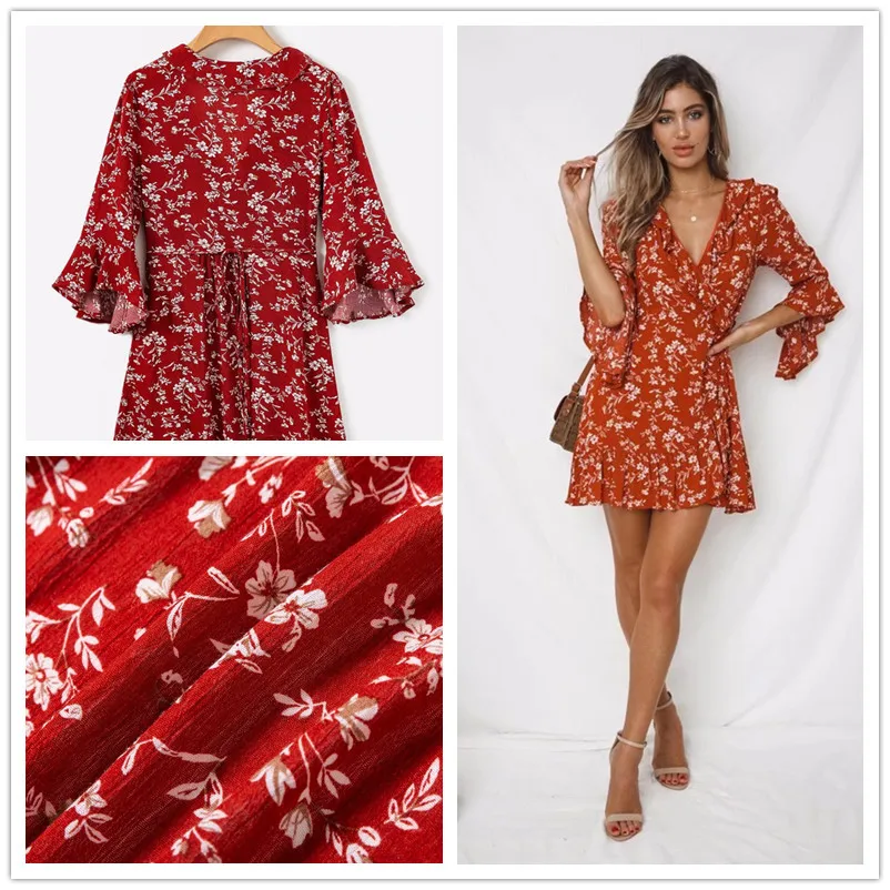 

2018 Spring And Summer Holiday Skirt Red Flounced Sleeves Floral-Print Chiffon Short Dress High-waisted Women's Fashion S8767