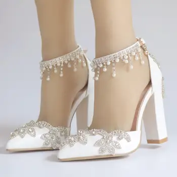

2019 summer pointed crystal wedding shoes thick with super high-heeled buckle with tassel rhinestone female sandals large size