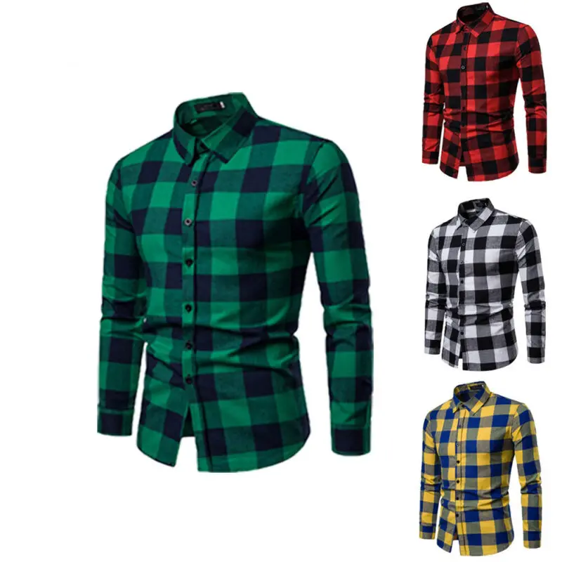 Red Checkered Plaid Flannel Shirt for Men - Long Sleeve Cotton Male Check Shirt image 3