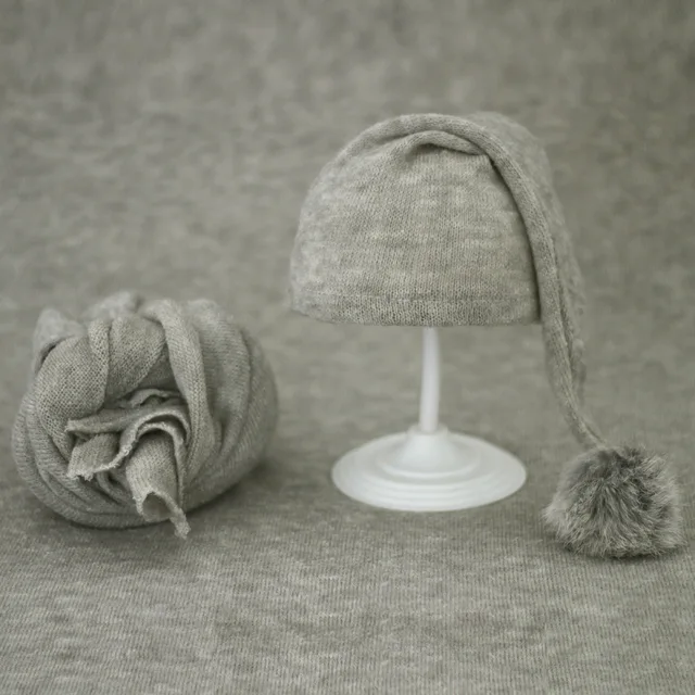 2pcs Wrap Hat Sets Newbornn Photography Props Boys Girls Photography Swaddle Blanket Infant Baby Picture Shoot Props Accessories gray