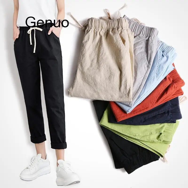 

Brand Chic Loose Cotton Linen Pants Women Soft Harem Pants Breathable Slim Ankle Length Pants Korean Leisure Hallen Pants Black