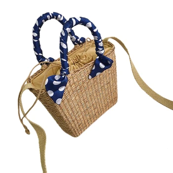 

AUAU-Woven Basket Straw Bag Handmade Rattan Shoulder Bag Ethnic Wind Ribbon Rattan Beach Handbag