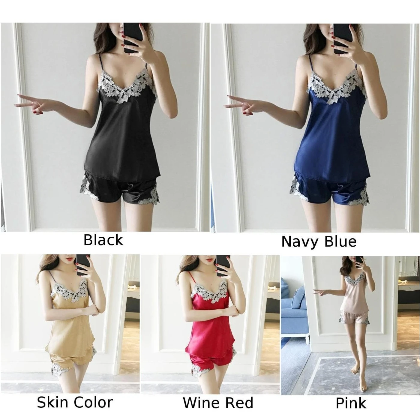 New Ladies Tops+Shorts Set Summer Sleeveless Lingerie Fashion Sexy V Neck Lace Stitching Women Sleepwear Set
