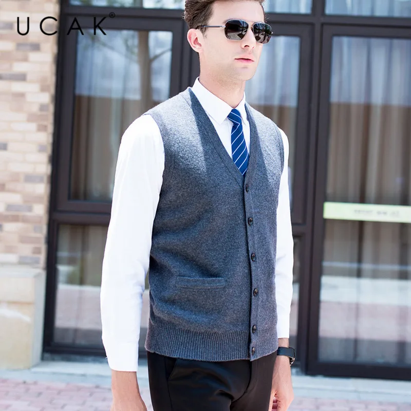 Cheap UCAK Brand Sweater Vest Men Solid V-Neck Pure Merion Wool Pull Homme Casual Warm 2019 Winter Fashion Trend Buttons Vests U3099