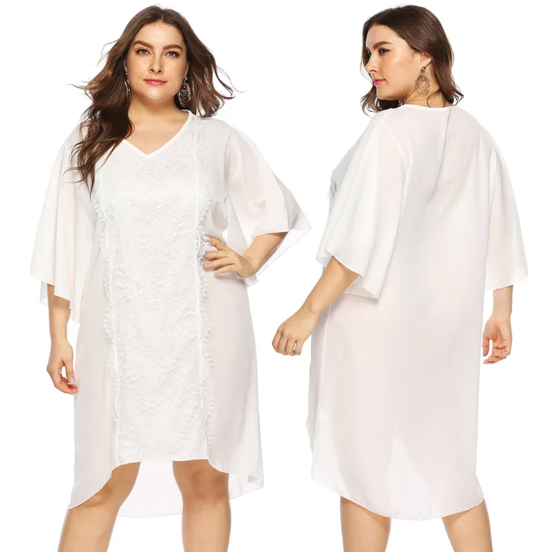 

Beach Dresses Skirt Pareo De Plage Summer Woman Swimwear Saida Praia Large Women Irregular Trumpet Long Sleeve Neck Loose Lace