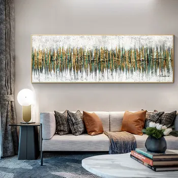 

Abstract Art Oil Painting on Canvas Wall Art Poster and Print Wall Abstract Golden Green forest Picture for Living Room Decor