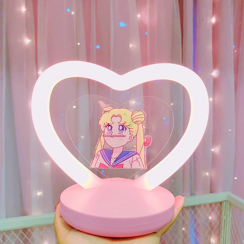 Sakura Сейлор Мун в форме сердца светодиодный ночник с USB заряженной фигурой, напечатанная полимерная настольная лампа, декор для спальни, игрушки для кукол