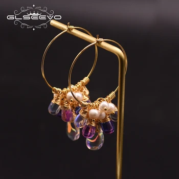 GLSEEVO Original Design Hoop Earrings For Women 925 Sterling Silver Fresh Water Pearl Colorful Tassel Earrings GE0904