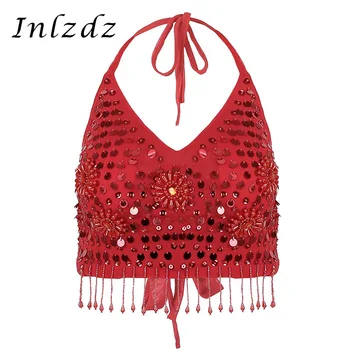 

Women Sequins Halter Lace-Up Beaded Tassels Padded Bra Sexy Crop Tops Festival Rave Party Stage Performance Belly Dance Costume