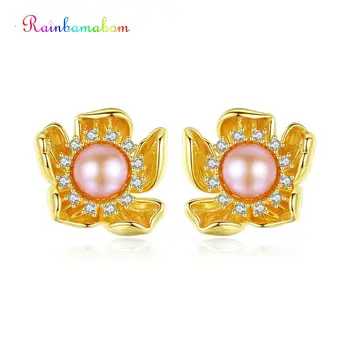 

Rainbamabom 925 Solid Sterling Silver Natural Freshwater Pearls Gemstone Flower Earrings Ear Stud Wedding Fine Jewelry Wholesale