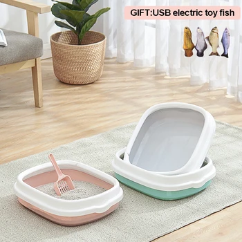 

Pet Cat Toilet Anti Splash Cats Bedpan Litter Box with Scoop Semi-Closed Cat Toilet Solid Color Plastic Pet Cat Supplies