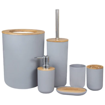 

6-Piece Bamboo Bath Accessory Set Environmentally Friendly Toilet Accessory Set with Lotion Dispenser Etc. Gray