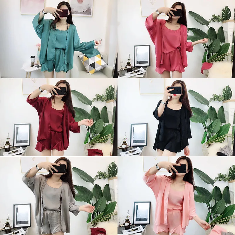 

032 # Summer Pajamas Women's Four-piece Set Viscose Korean-style Silk Sexy Camisole Short Sleeve Shorts Storage Bag Home Wear